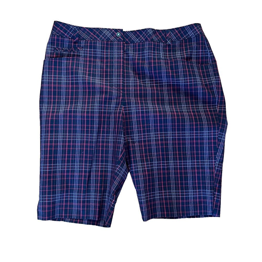 Annika Cutter & Buck Plaid Golf Bermuda Shorts Women 14 Black Red Stretch Active